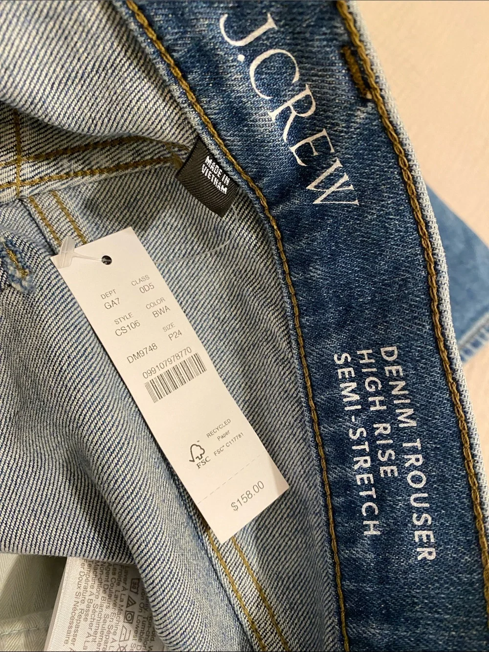 J. Crew Denim Trouser High Rise Semi Stretch Blue Wide-Leg Jeans. Size 24P New